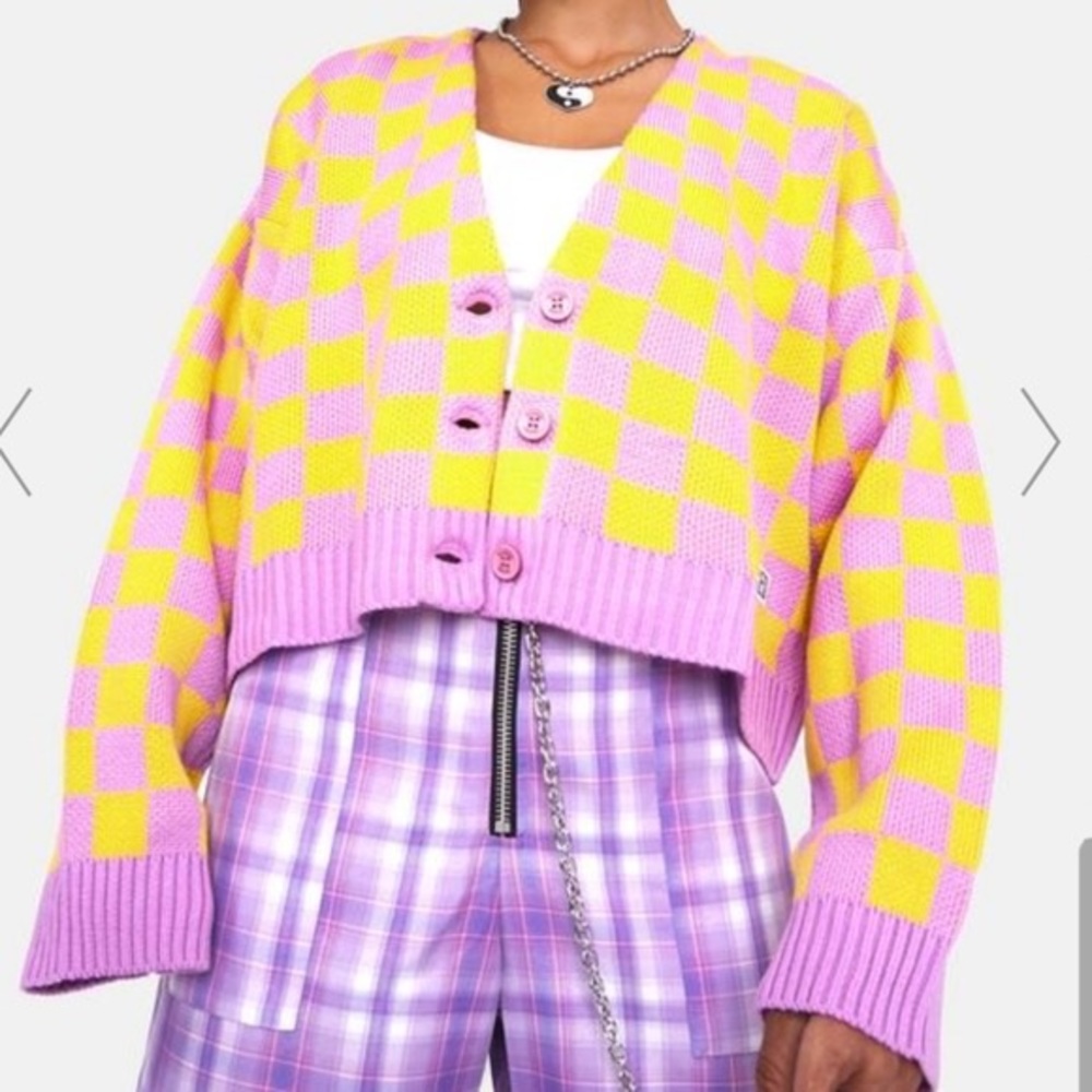 Ragged Priest Yellow & Pink Checkered Cardigan